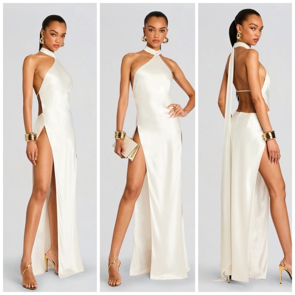 Retrofete Jagger Ivory White Satin Halter Maxi Dress High Slit - Size Small - Picture 1 of 12